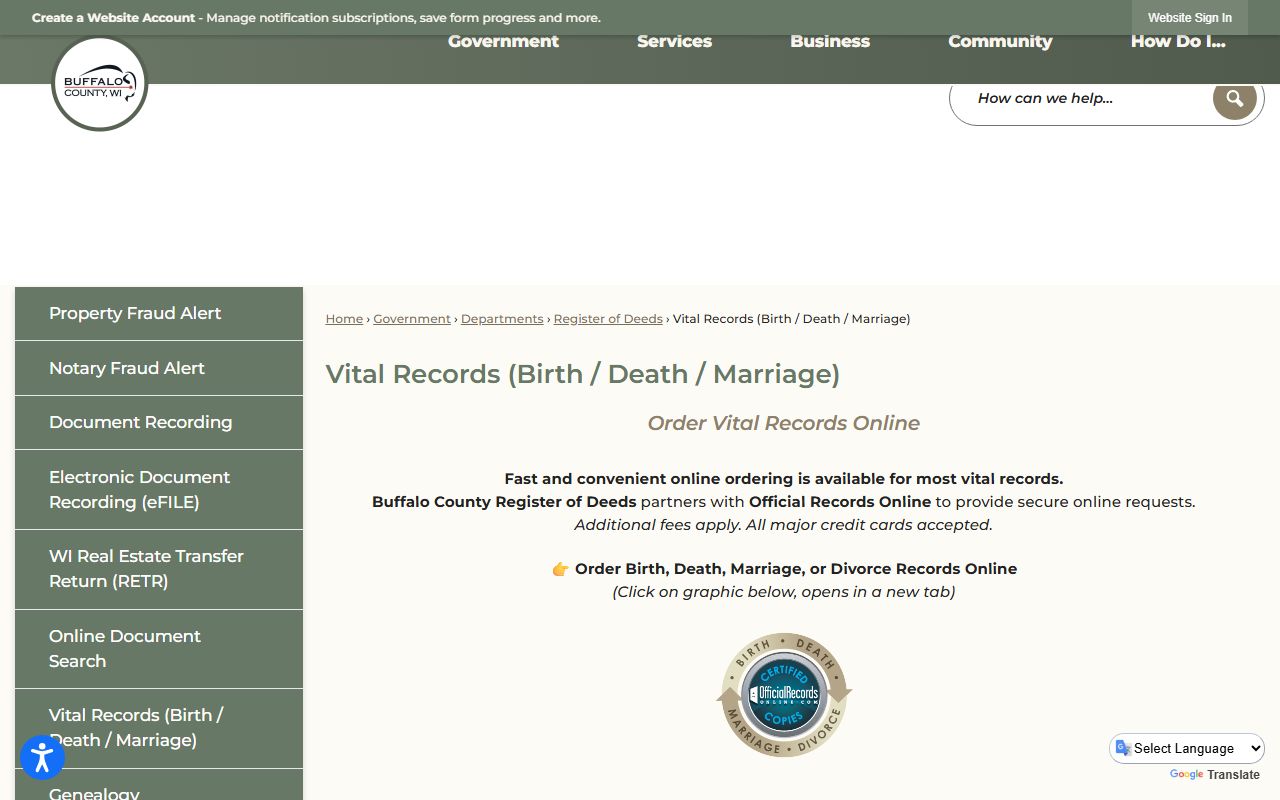 Buffalo County Dissolution Of Marriage vital records