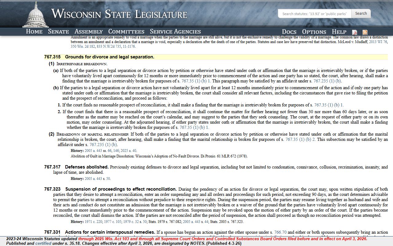 Wisconsin Dissolution Of Marriage grounds for divorce under statute 767.315