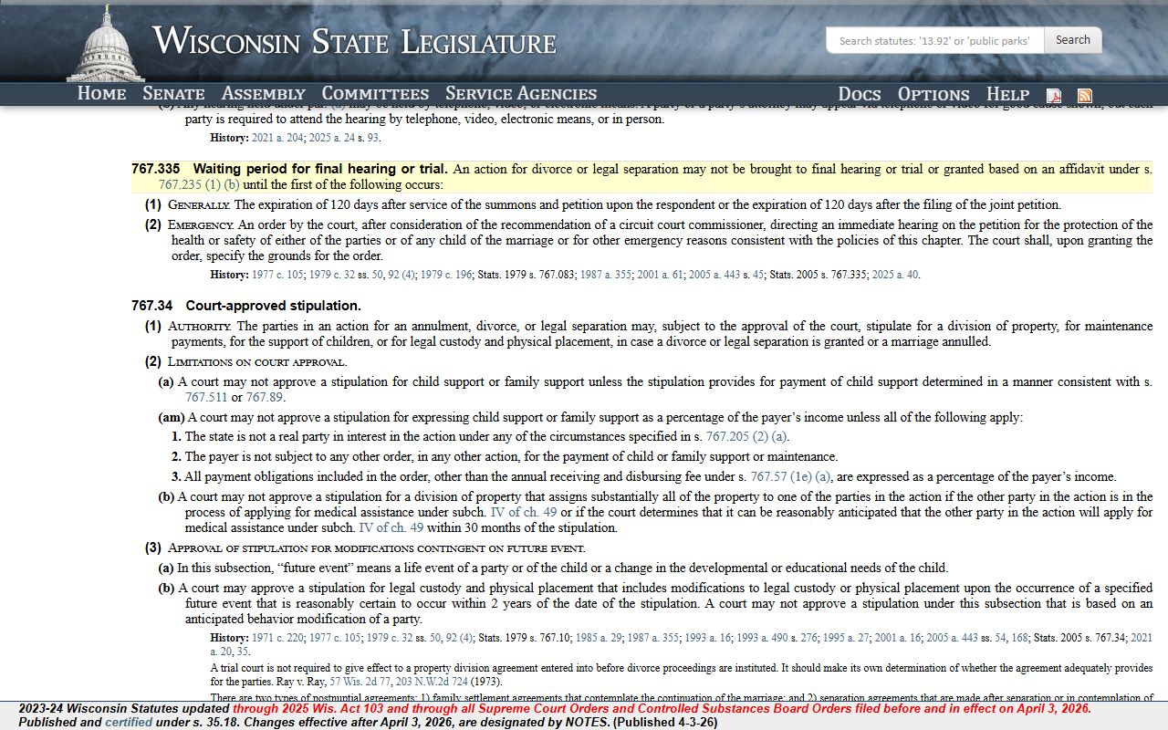 Wisconsin Dissolution Of Marriage waiting period under statute 767.335