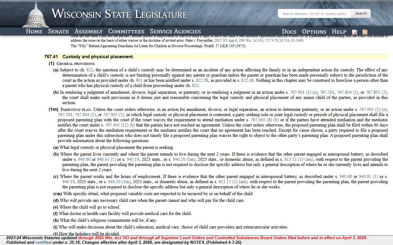 Wisconsin Dissolution Of Marriage custody and placement law under statute 767.41