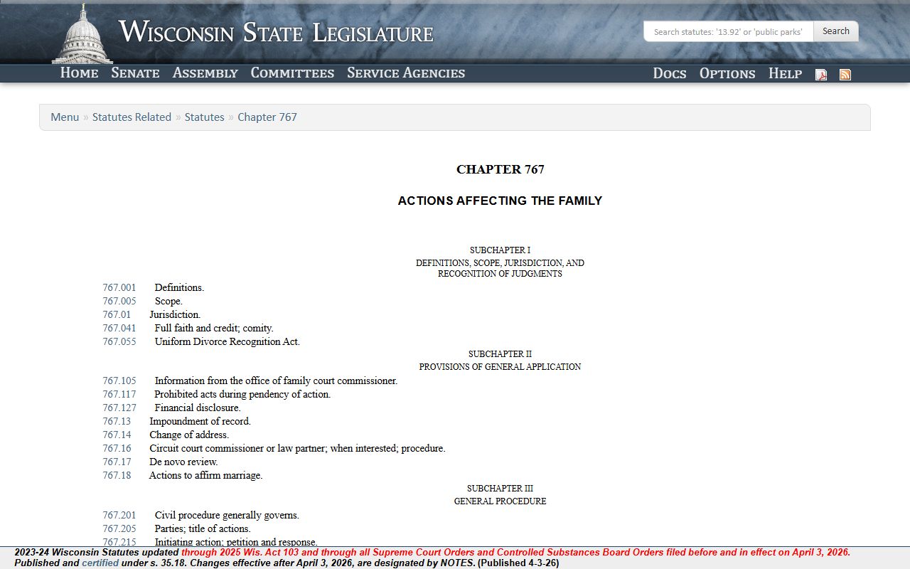 Wisconsin Dissolution Of Marriage statutes under Chapter 767